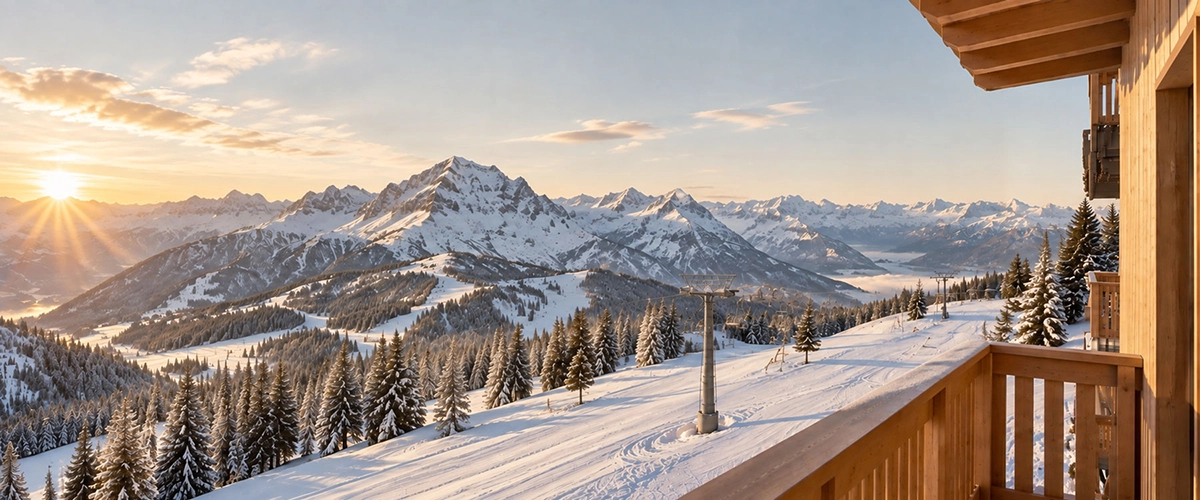 Blick von der Apartment-Terrasse auf die verschneiten Berge am Nassfeld